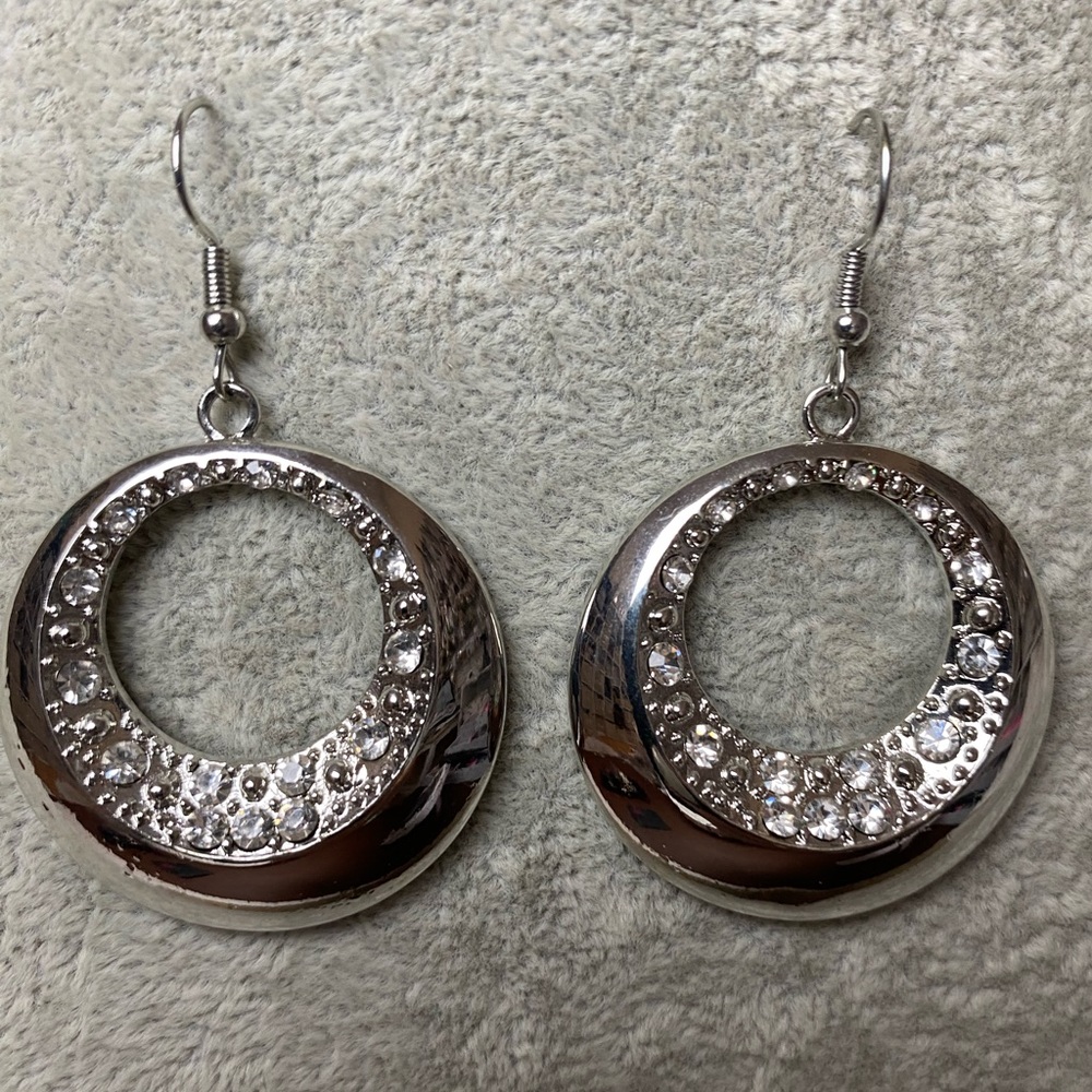 Silver Circle Earrings With Rhinestone detailing - Picture 5 of 7